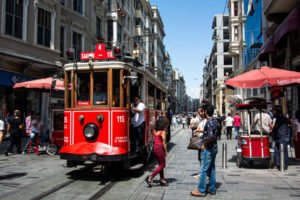 public tram system in Istanbul travelling to the shopping centres and galata tower