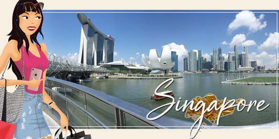 travel in style to singapore with the girls from our glad rags in the foreground is a stylised and stylish debbie allen our writer dressed in her shopping gear in front of a panaramic photograph of the magnificent Marina Bay with the iconic marina bay sands hotel in the background complete with its rooftop swimming pool in the shape of a boat the perfect place to wind down after a hectic shopping spree