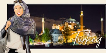 our travel blog takes you to Turkey, more accurately Istanbul home of the world famous hagia sophia, pictured here at night from a rooftop vantage point from the four seasons sultanahmetbeautifully lit whilst the laid back evening visitors wander around the many restaurants and the artefacts in the hippodrome beyond. Our blogger debbie allen is illustrated wearing a high fashion silk habib decked out in the leather jacket skirt and boots turkey is famed for carrying a suede shoulder bag